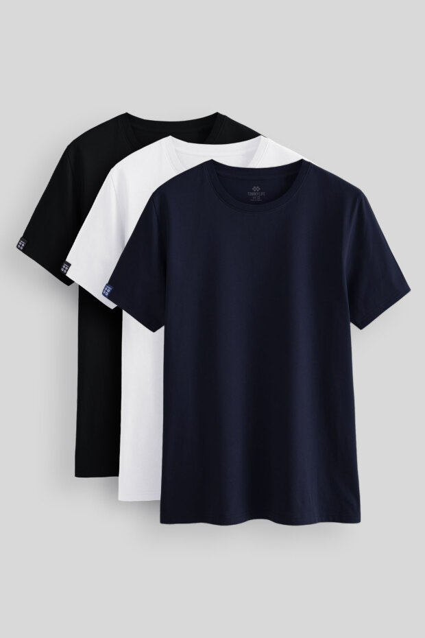 Standart Fit Basic O Yaka 3'lü Paket Siyah-Beyaz-Lacivert Erkek T-Shirt 87911 - 1