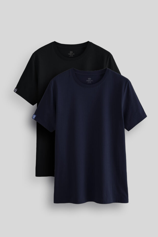 Standart Fit Basic O Yaka 2'li Paket Siyah-Lacivert Erkek T-Shirt - 87911 - 1