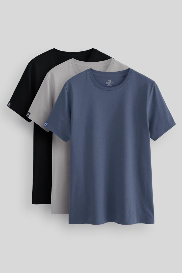 Standart Fit Basic O Yaka 3'lü Paket Siyah-Petrol-Taş Erkek T-Shirt - 87911 - 1