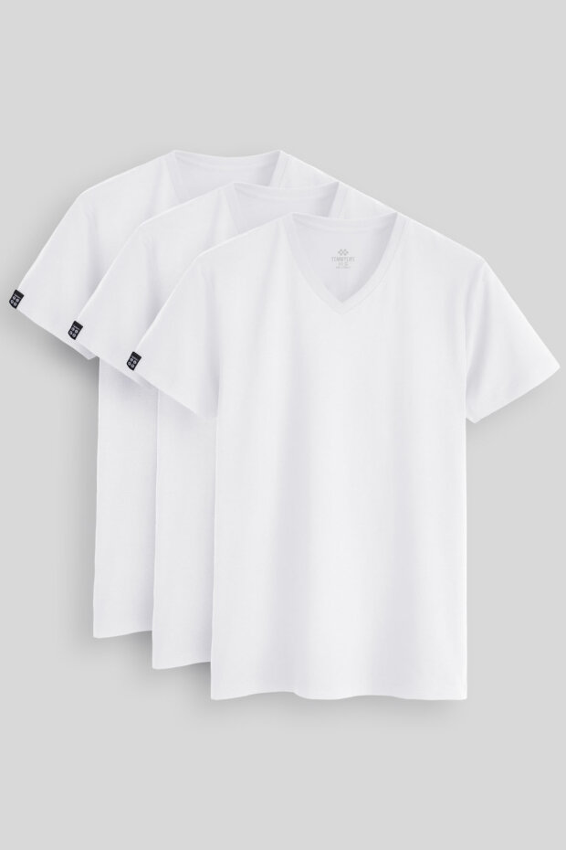 Standart Fit Basic V Yaka 3'lü Paket Beyaz Erkek T-Shirt 87912 - 1