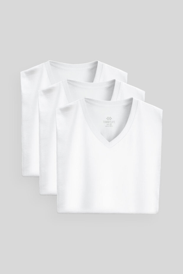 Standart Fit Basic V Yaka 3'lü Paket Beyaz Erkek T-Shirt 87912 - 2