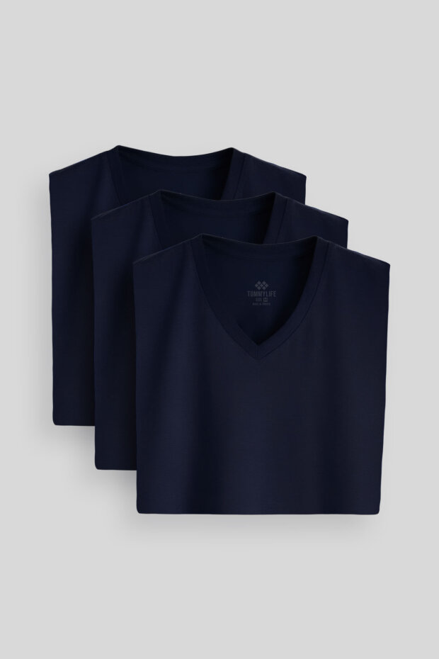 Standart Fit Basic V Yaka 3'lü Paket Lacivert Erkek T-Shirt 87912 - 2