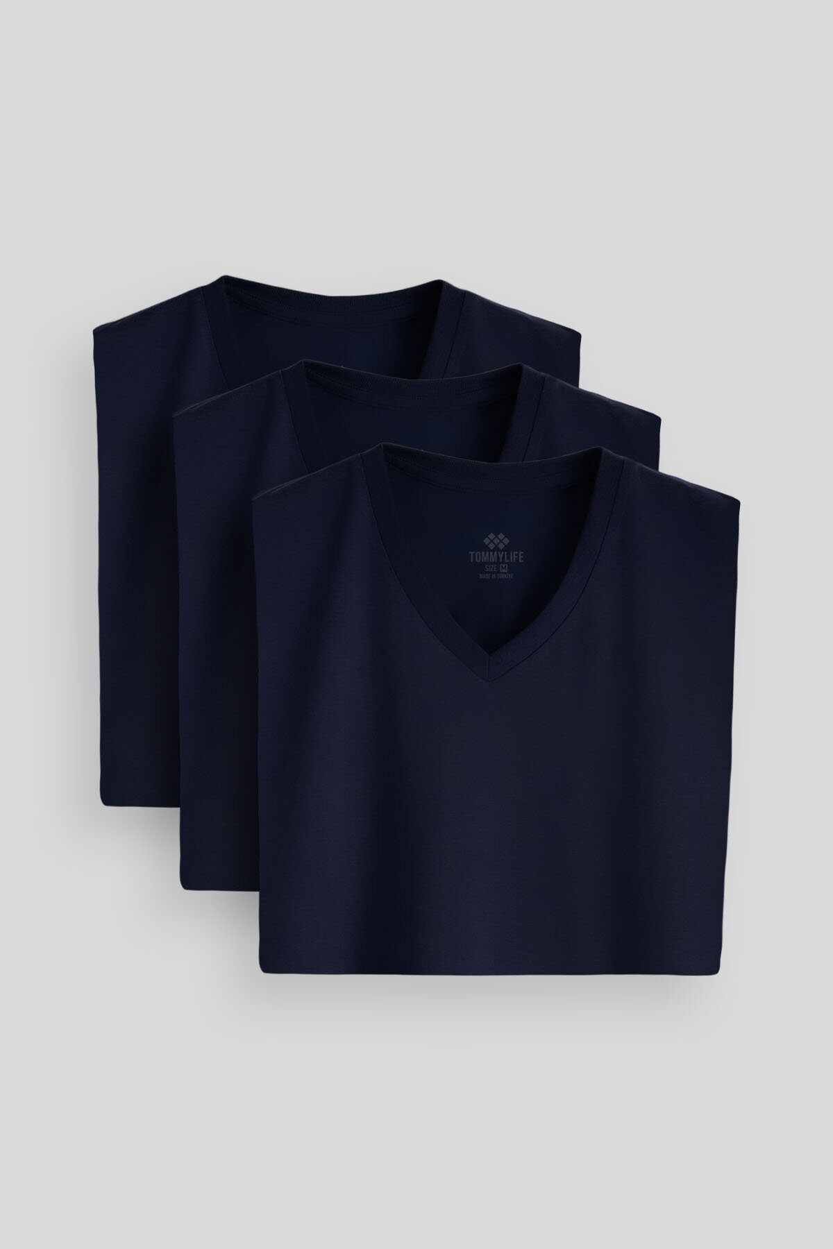 Standart Fit Basic V Yaka 3'lü Paket Lacivert Erkek T-Shirt 87912 - TOMMYLIFE (1)