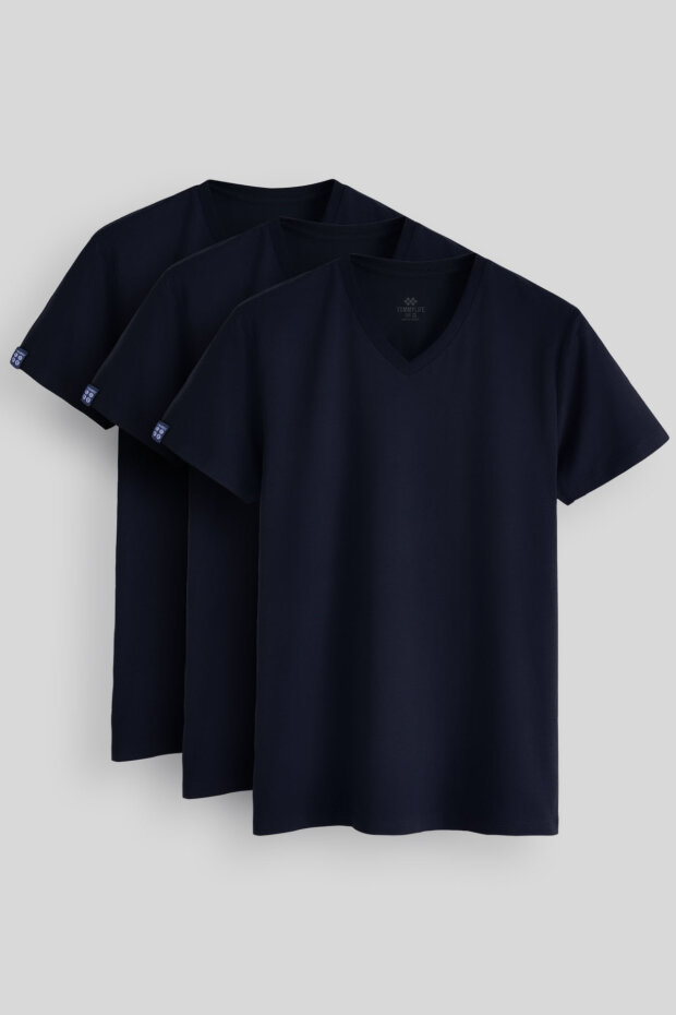 Standart Fit Basic V Yaka 3'lü Paket Lacivert Erkek T-Shirt 87912 - 1