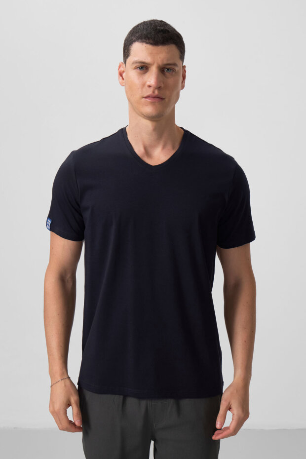 Standart Fit Basic V Yaka 3'lü Paket Lacivert Erkek T-Shirt 87912 - 4