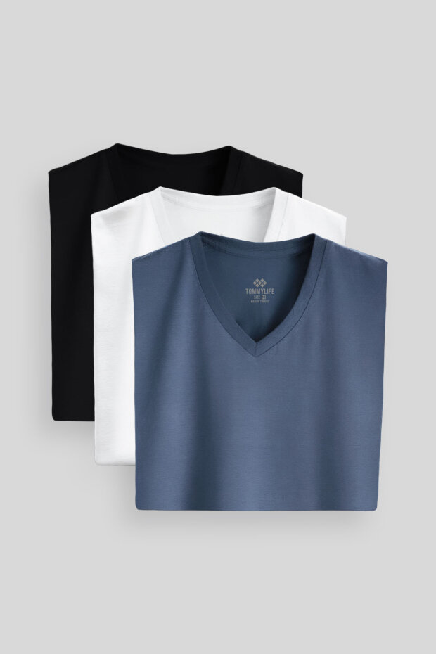 Standart Fit Basic V Yaka 3'lü Paket Siyah-Beyaz-Petrol Erkek T-Shirt 87912 - 2