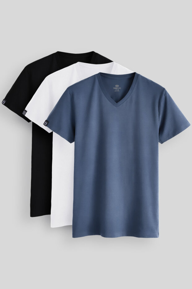 Standart Fit Basic V Yaka 3'lü Paket Siyah-Beyaz-Petrol Erkek T-Shirt 87912 - 1