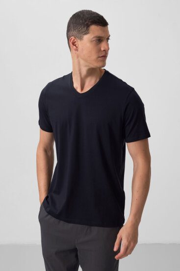 Standart Fit Basic V Yaka 2'li Paket Siyah-Lacivert Erkek T-Shirt - 87912 - TOMMYLIFE (1)