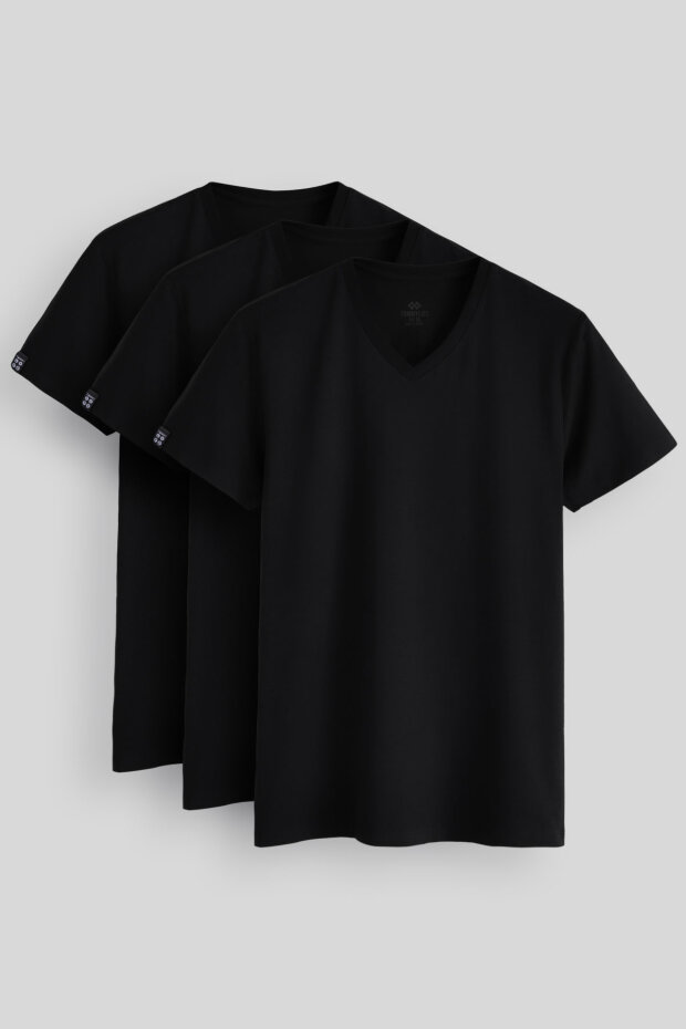 Standart Fit Basic V Yaka 3'lü Paket Siyah Erkek T-Shirt 87912 - 1