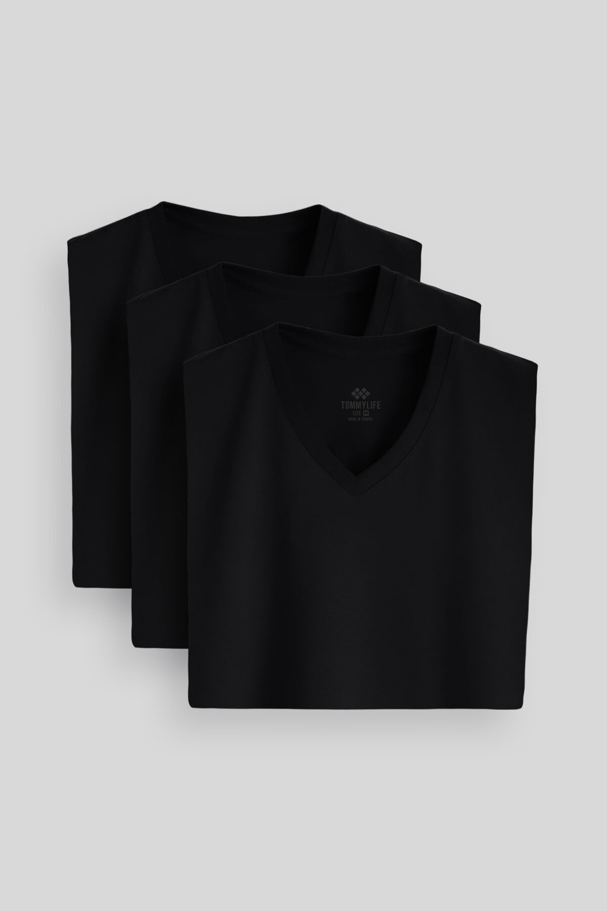 Standart Fit Basic V Yaka 3'lü Paket Siyah Erkek T-Shirt 87912 - TOMMYLIFE (1)