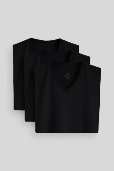 Standart Fit Basic V Yaka 3'lü Paket Siyah Erkek T-Shirt 87912 - TOMMYLIFE (1)
