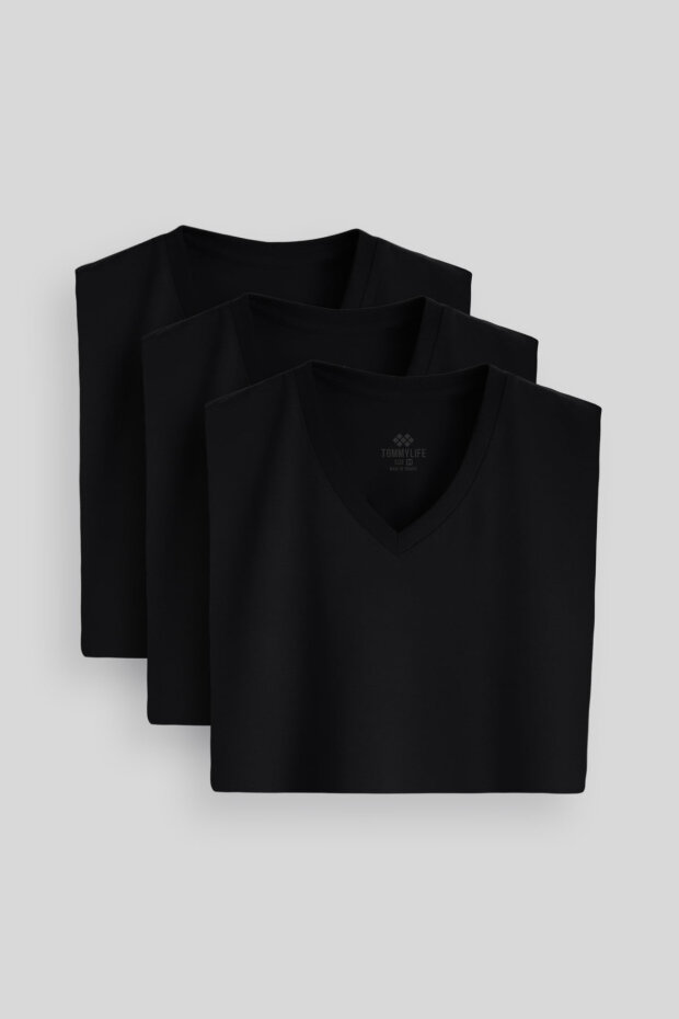 Standart Fit Basic V Yaka 3'lü Paket Siyah Erkek T-Shirt 87912 - 2