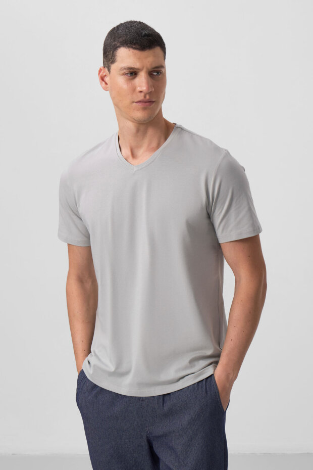 Standart Fit Basic V Yaka 3'lü Paket Taş-Tarçın-Kaktüs Erkek T-Shirt - 87912 - 3