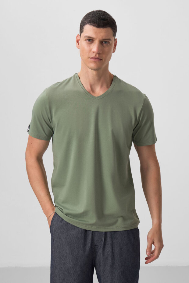 Standart Fit Basic V Yaka 3'lü Paket Taş-Tarçın-Kaktüs Erkek T-Shirt - 87912 - 4