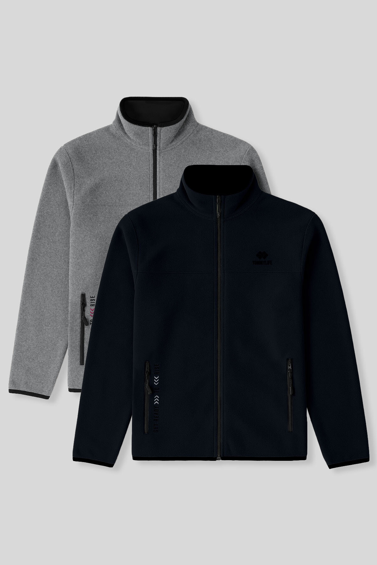 Standart Kalıp Dik Yaka 2'li Paket Lacivert-Gri Melanj Erkek Polar Sweatshirt - 87992 - TOMMYLIFE