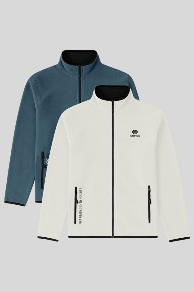 Standart Kalıp Dik Yaka 2'li Paket Petrol-Ekru Erkek Polar Sweatshirt - 87992 - 1