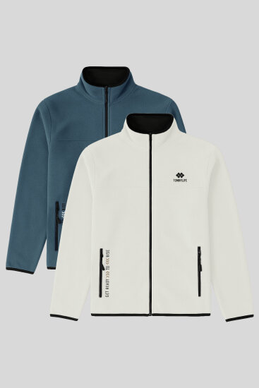 Standart Kalıp Dik Yaka 2'li Paket Petrol-Ekru Erkek Polar Sweatshirt - 87992 