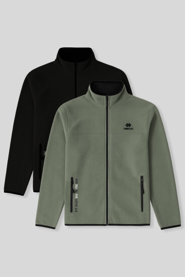 Standart Kalıp Dik Yaka 2'li Paket Siyah-Çağla Erkek Polar Sweatshirt - 87992 