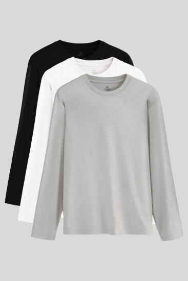 Standart Fit Basic O Yaka 3'lü Paket Siyah-Beyaz-Gri Melanj Erkek T-Shirt - 87997 - TOMMYLIFE