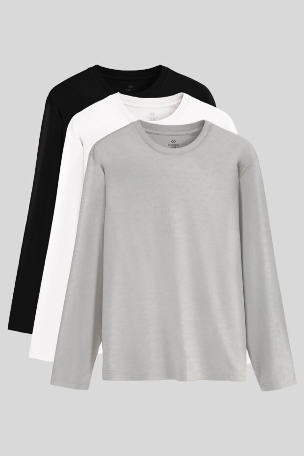 Standart Fit Basic O Yaka 3'lü Paket Siyah-Beyaz-Gri Melanj Erkek T-Shirt - 87997 - 1