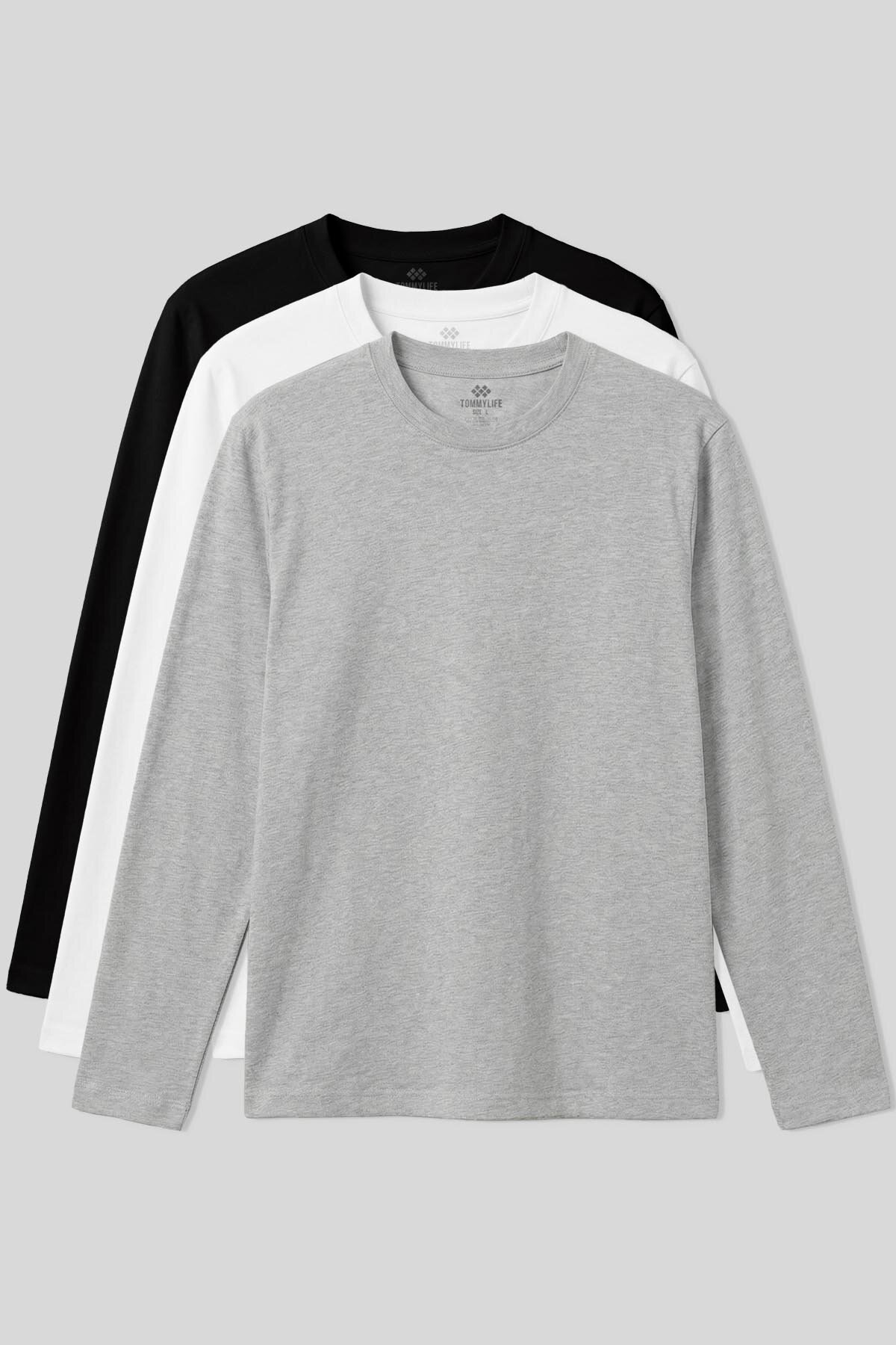 Standart Fit Basic O Yaka 3'lü Paket Siyah-Beyaz-Gri Melanj Erkek T-Shirt - 87997 - TOMMYLIFE