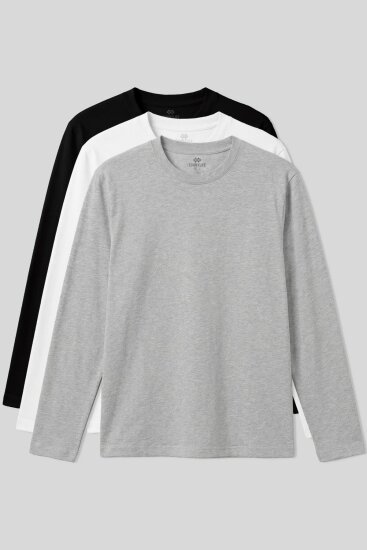 Standart Fit Basic O Yaka 3'lü Paket Siyah-Beyaz-Gri Melanj Erkek T-Shirt - 87997 