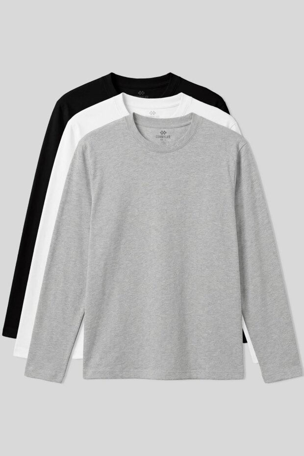 Standart Fit Basic O Yaka 3'lü Paket Siyah-Beyaz-Gri Melanj Erkek T-Shirt - 87997 - 1