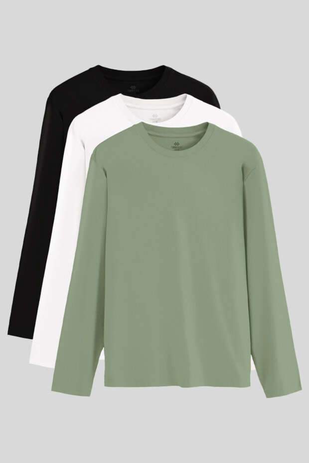 Standart Fit Basic O Yaka 3'lü Paket Siyah-Beyaz-Kaktüs Erkek T-Shirt 87997 - 1