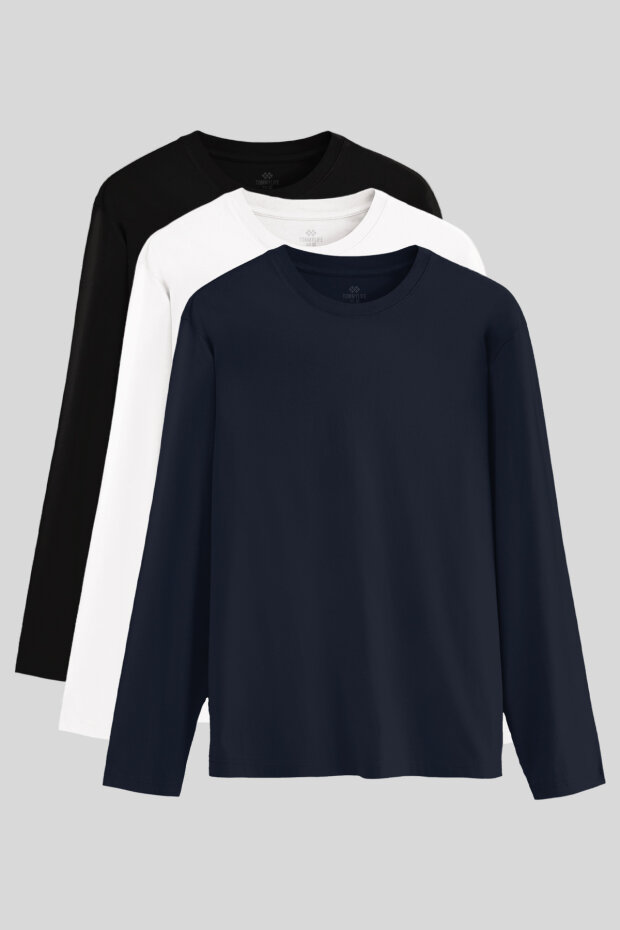 Standart Fit Basic O Yaka 3'lü Paket Siyah-Beyaz-Lacivert Erkek T-Shirt 87997 - 1