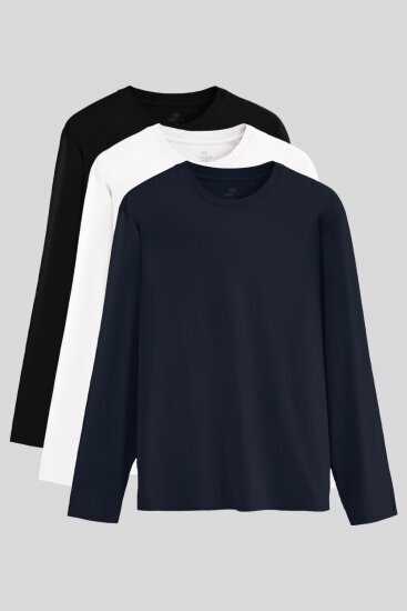 Standart Fit Basic O Yaka 3'lü Paket Siyah-Beyaz-Lacivert Erkek T-Shirt 87997 