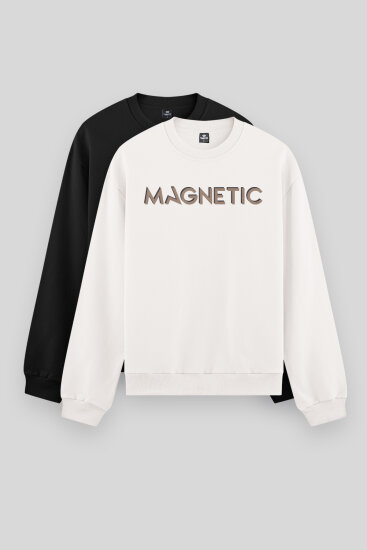 Rahat Form O Yaka 2'li Paket Siyah-Ekru Erkek Sweatshirt - 88020 