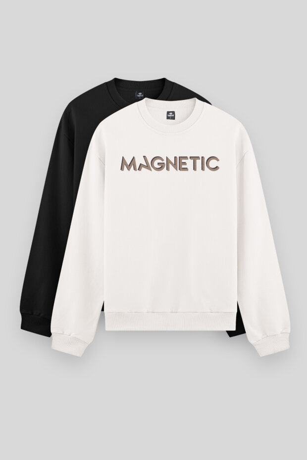 Rahat Form O Yaka 2'li Paket Siyah-Ekru Erkek Sweatshirt - 88020 - 1