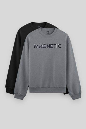 Rahat Form O Yaka 2'li Paket Siyah-Gri Melanj Erkek Sweatshirt - 88020 