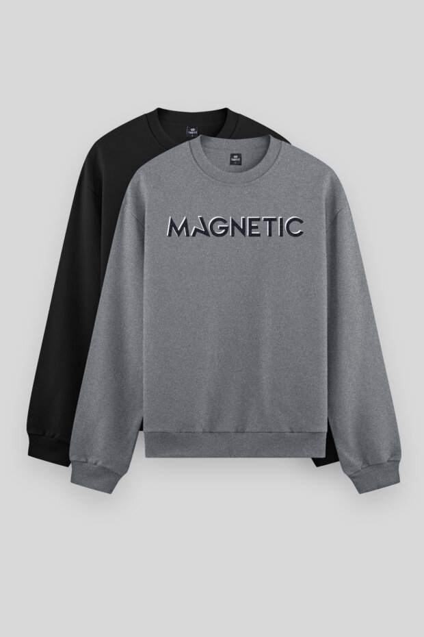 Rahat Form O Yaka 2'li Paket Siyah-Gri Melanj Erkek Sweatshirt - 88020 - 1