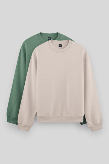 Standart Fit Basic O Yaka 2'li Paket Açık Yeşil-Bej Erkek Sweatshirt - 88053 