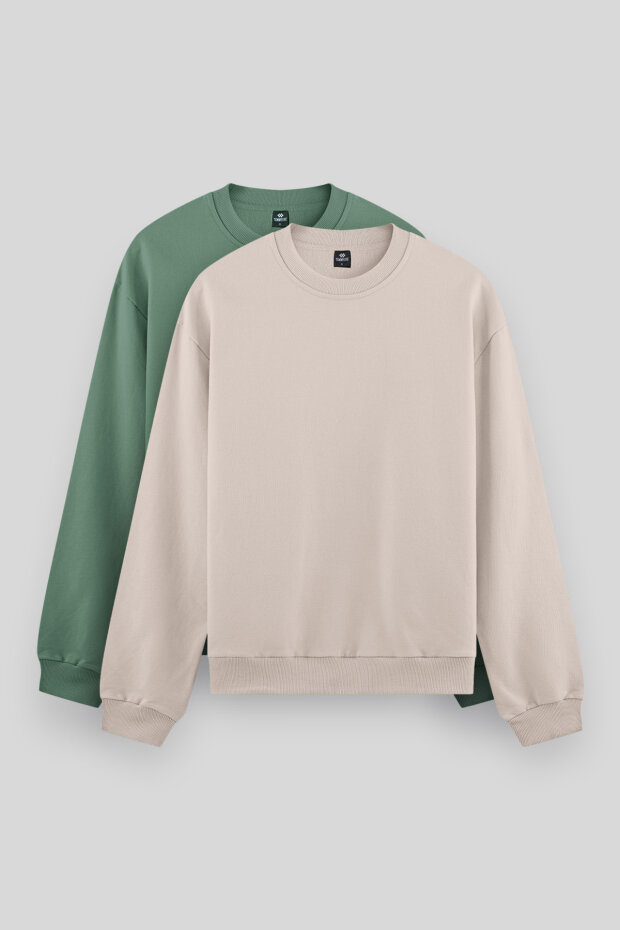 Standart Fit Basic O Yaka 2'li Paket Açık Yeşil-Bej Erkek Sweatshirt - 88053 - 1