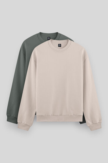 Standart Fit Basic O Yaka 2'li Paket Bej-Çağla Erkek Sweatshirt - 88053 