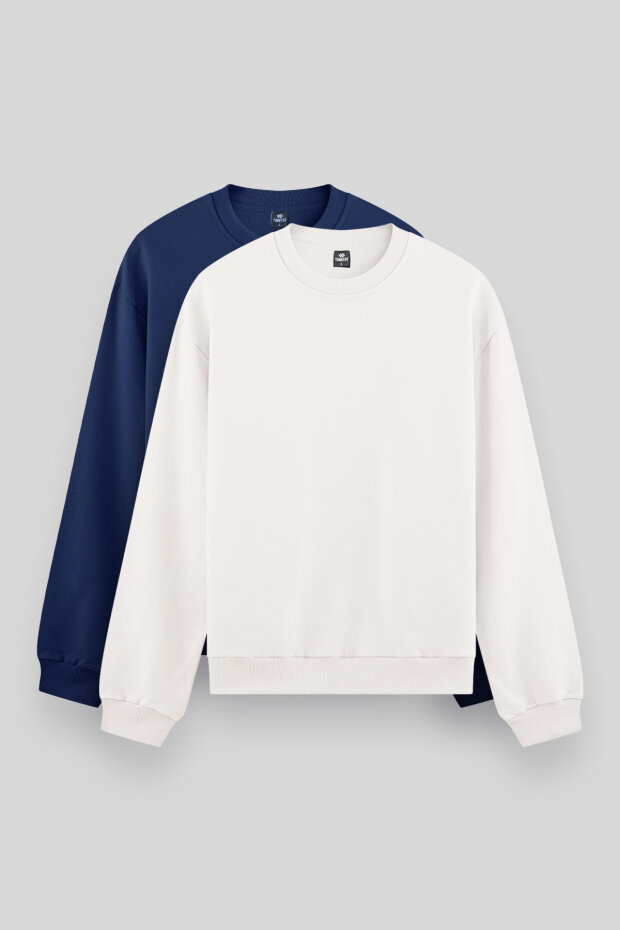 Standart Fit Basic O Yaka 2'li Paket Ekru-Parlament Erkek Sweatshirt - 88053 - 1