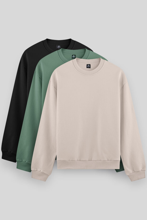 Standart Fit Basic O Yaka 3'lü Paket Siyah-Açık Yeşil-Bej Erkek Sweatshirt - 88053 - 1