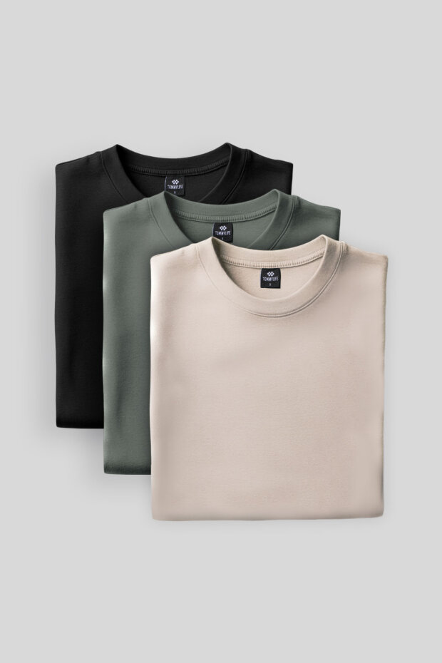 Standart Fit Basic O Yaka 3'lü Paket Siyah-Bej-Çağla Erkek Sweatshirt 88053 - 2