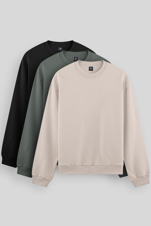 Standart Fit Basic O Yaka 3'lü Paket Siyah-Bej-Çağla Erkek Sweatshirt 88053 - 1