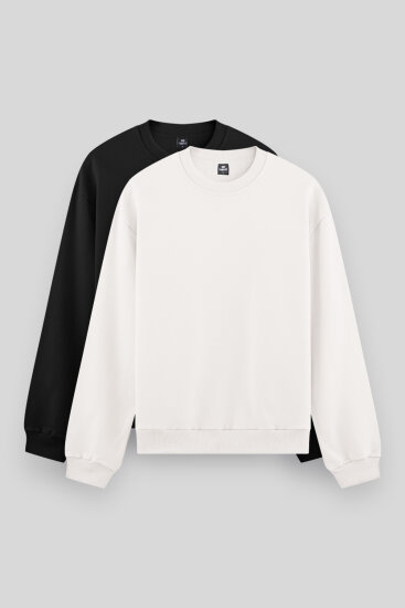 Standart Fit Basic O Yaka 2'li Paket Siyah-Ekru Erkek Sweatshirt - 88053 