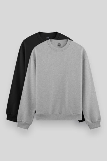 Standart Fit Basic O Yaka 2'li Paket Siyah-Gri Melanj Erkek Sweatshirt - 88053 