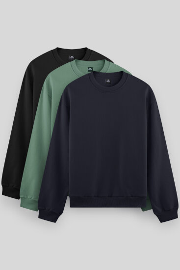 Standart Fit Basic O Yaka 3'lü Paket Siyah-Açık Yeşil-Lacivert Erkek Sweatshirt - 88053 