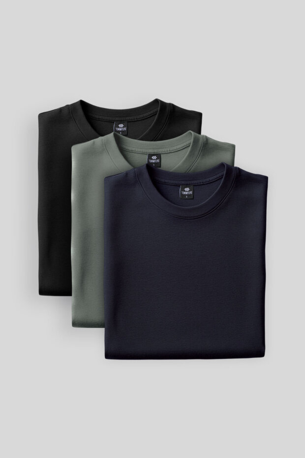Standart Fit Basic O Yaka 3'lü Paket Siyah-Lacivert-Çağla Erkek Sweatshirt 88053 - 2