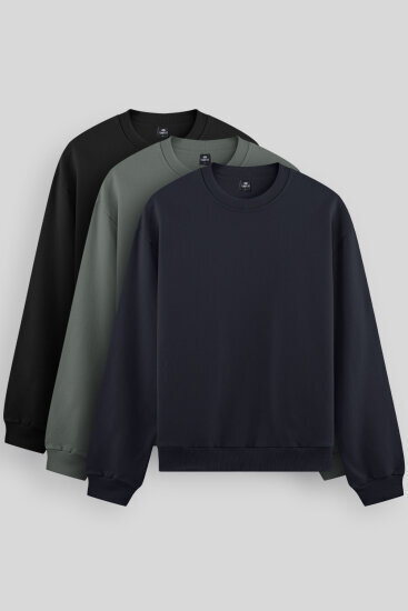Standart Fit Basic O Yaka 3'lü Paket Siyah-Lacivert-Çağla Erkek Sweatshirt 88053 