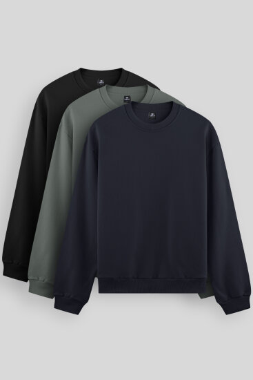 Standart Fit Basic O Yaka 3'lü Paket Siyah-Lacivert-Çağla Erkek Sweatshirt 88053 - TOMMYLIFE
