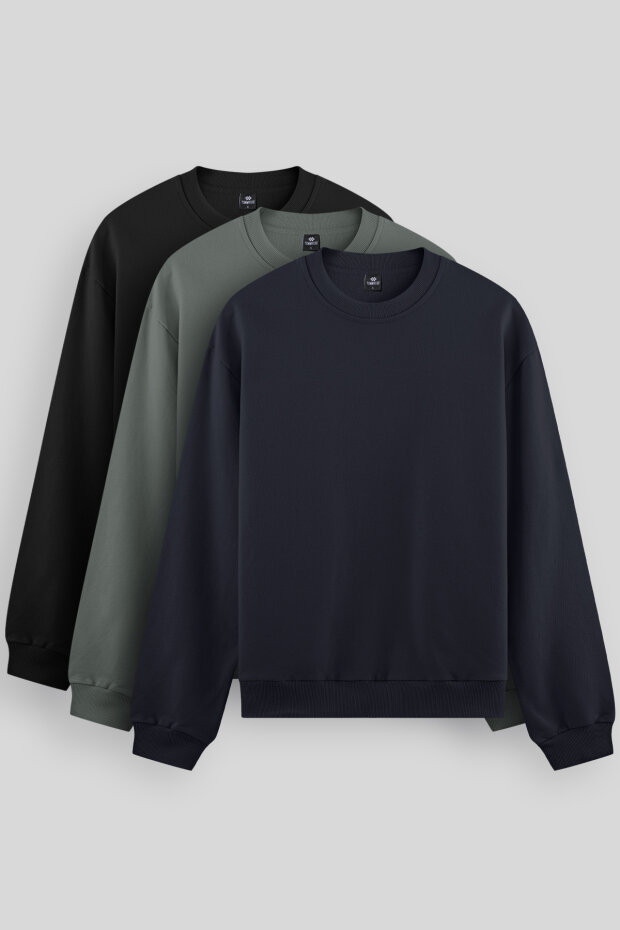 Standart Fit Basic O Yaka 3'lü Paket Siyah-Lacivert-Çağla Erkek Sweatshirt 88053 - 1