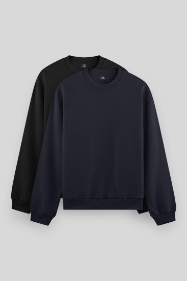 Standart Fit Basic O Yaka 2'li Paket Siyah-Lacivert Erkek Sweatshirt - 88053 