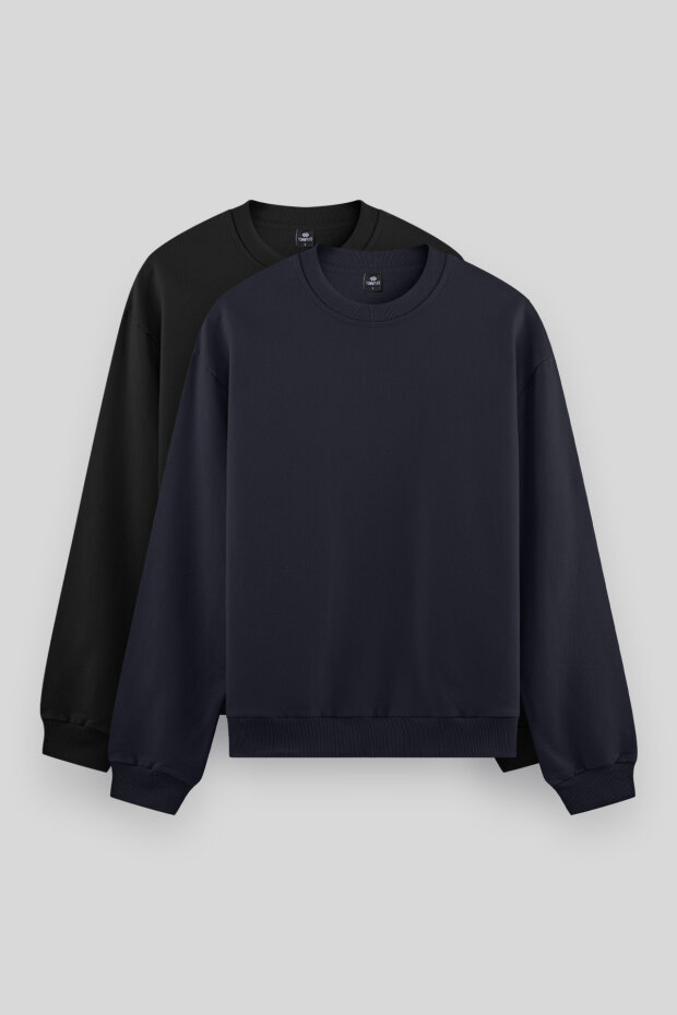 Standart Fit Basic O Yaka 2'li Paket Siyah-Lacivert Erkek Sweatshirt - 88053 - 1
